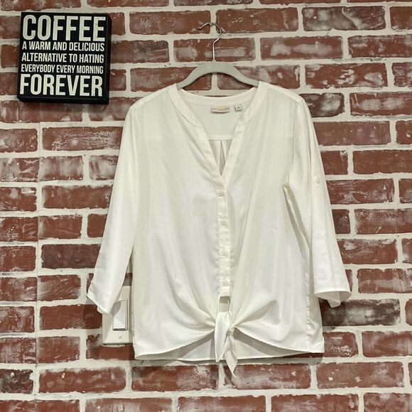 A1 Eva Mendes New York & Company White Tie Up Button Front 1/2 sleeve top medium - Picture 1 of 8